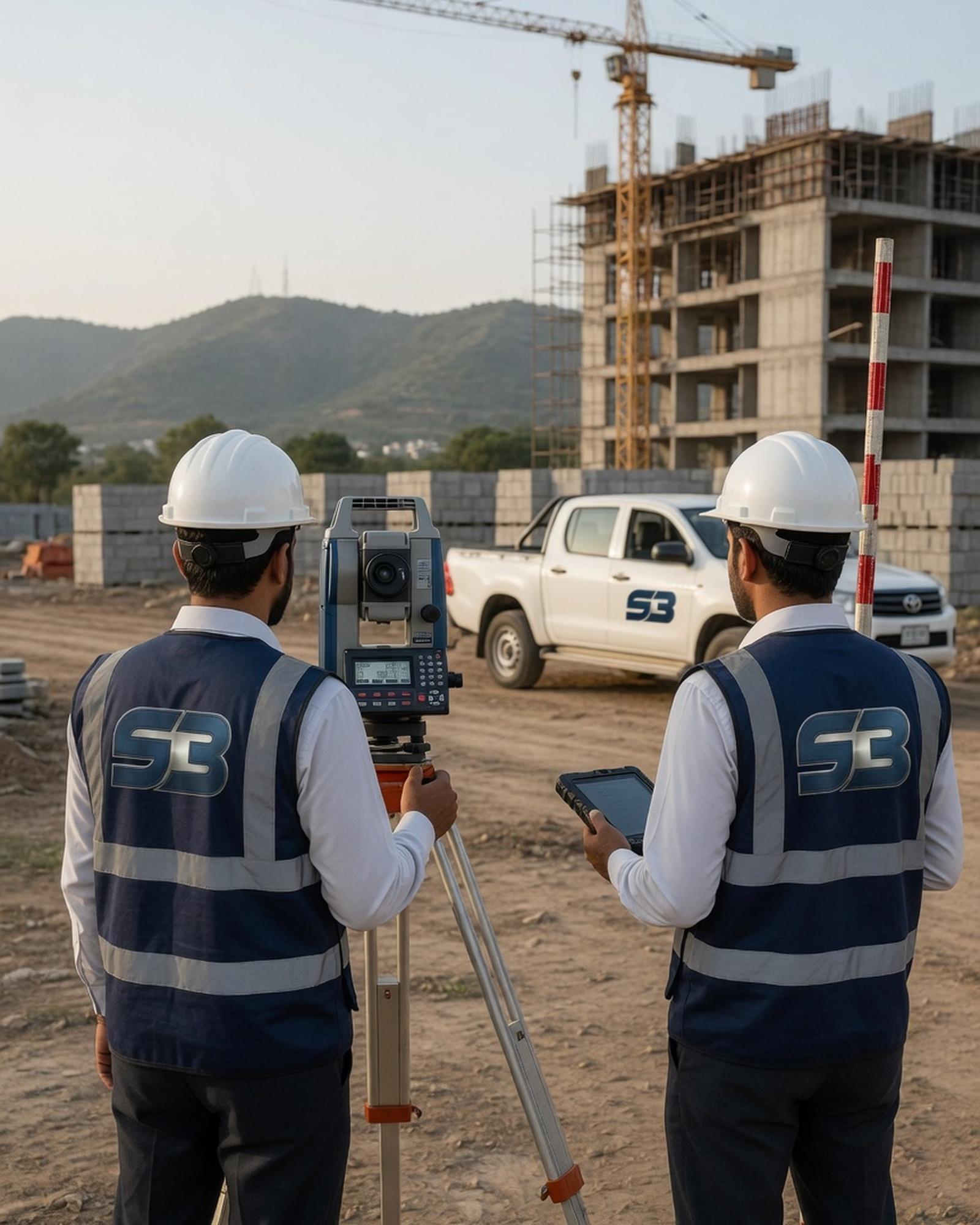 Shahzad Brothers survey crew operating a Sokkia total station on a construction site outside Islamabad